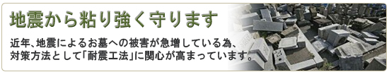 地震から粘り強く守ります

近年、地震によるお墓への被害が急増している為、

対策方法として「耐震工法」に関心が高まっています。